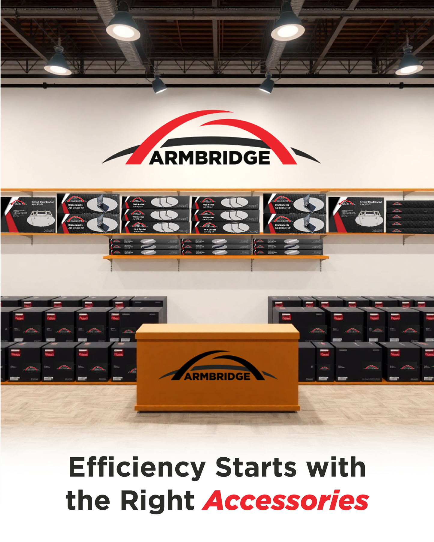 Armbridge store interior with shelves and display boxes, featuring the Armbridge logo.