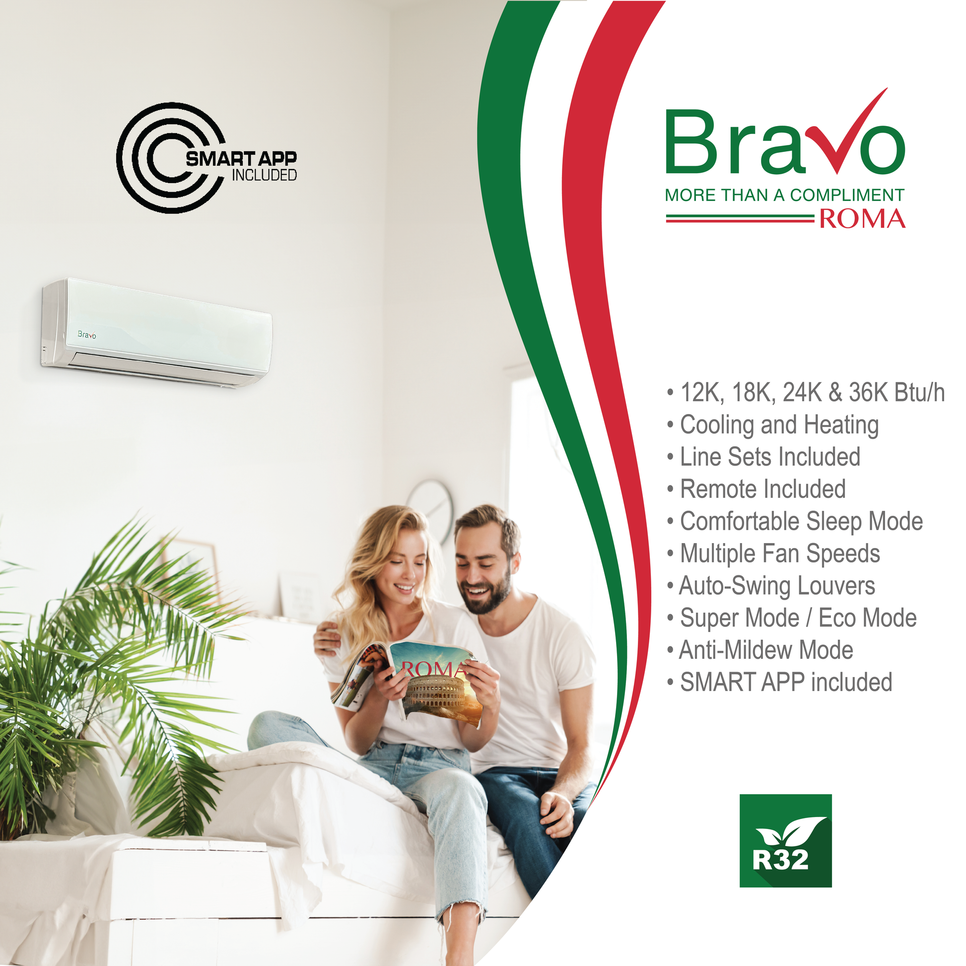 Bravo Roma Single Zone Wall Mount, 24,000 BTU (2 Ton) Mini Split AC and Heat Pump R32