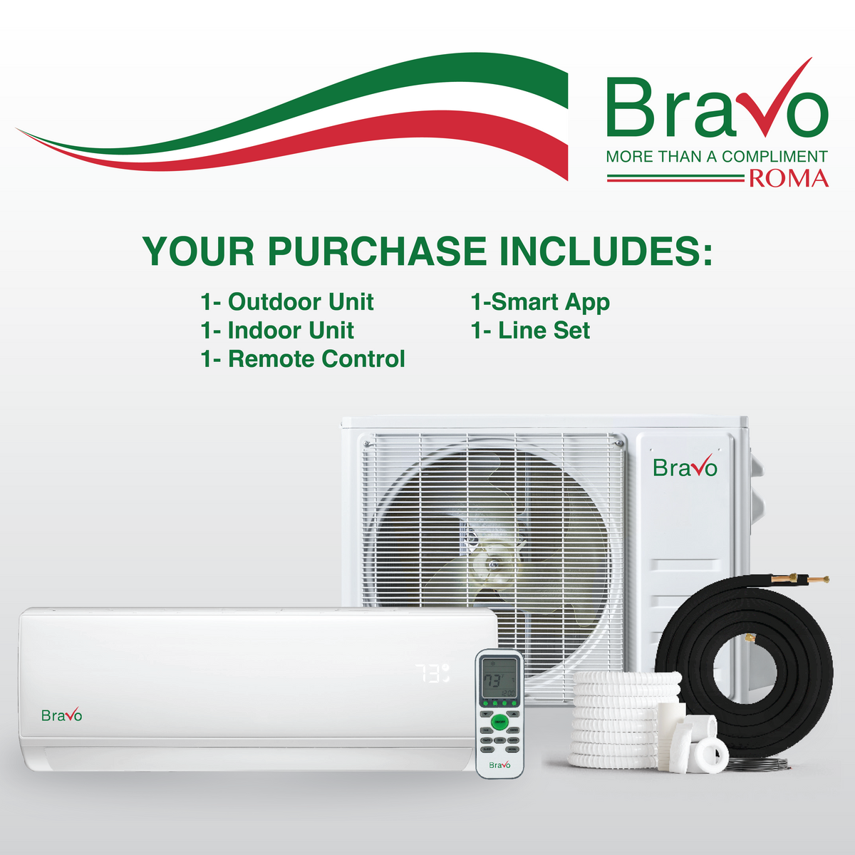 Bravo Roma Single Zone Wall Mount, 24,000 BTU (2 Ton) Mini Split AC and Heat Pump R32