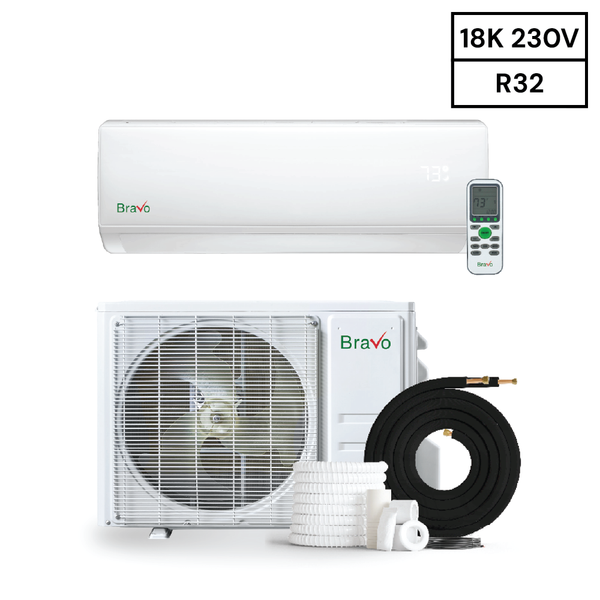 Bravo air conditioning unit with remote control and accessories on a white background