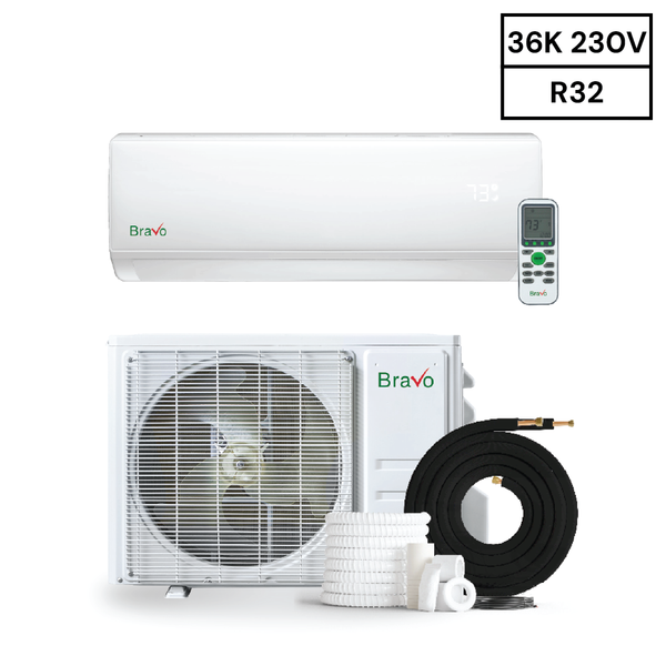 Bravo air conditioner with remote control and accessories on a white background