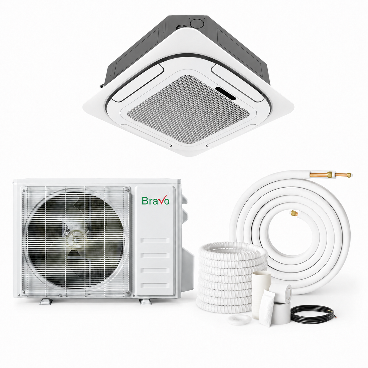 Bravo 18,000 BTU Pisa Series Up to 22.0 SEER2 Single Zone Ceiling Cassette Mini Split Heat Pump System w/ 16ft Installation Kit - R32 | 230V (Copy) (Copy)