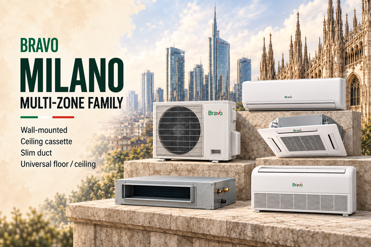 BRAVO Milano multi-zone family with wall-mounted, ceiling cassette, slim-duct and universal floor/ceiling indoor units.