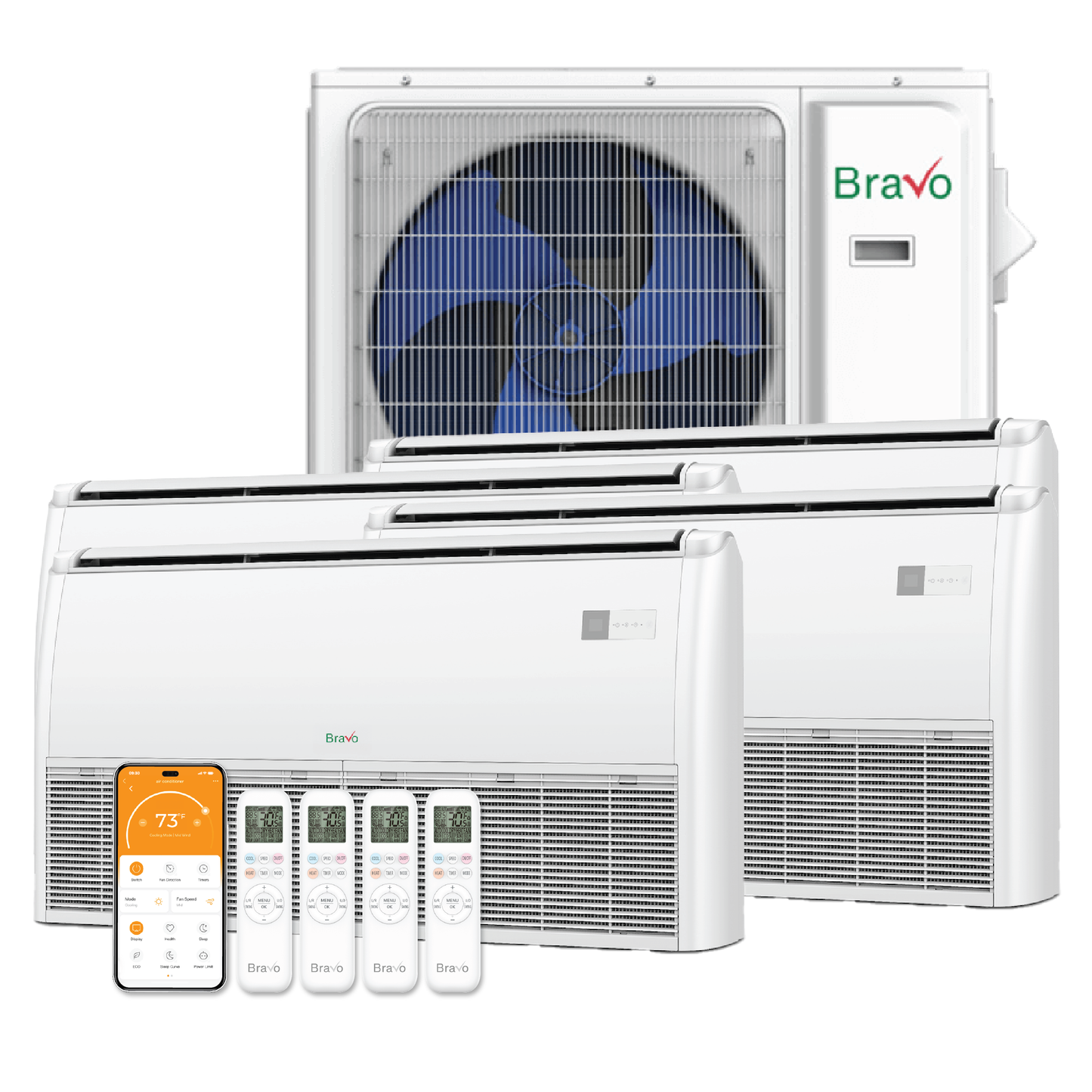 Bravo Milano Series 4-Zone Ductless Mini Split AC & Heat Pump -- 42000 BTU (3.5 Ton), Universal Floor Ceiling Units (9K+9K+12K+18K) BTU, Inverter Technology, 230V, Heating & Cooling
