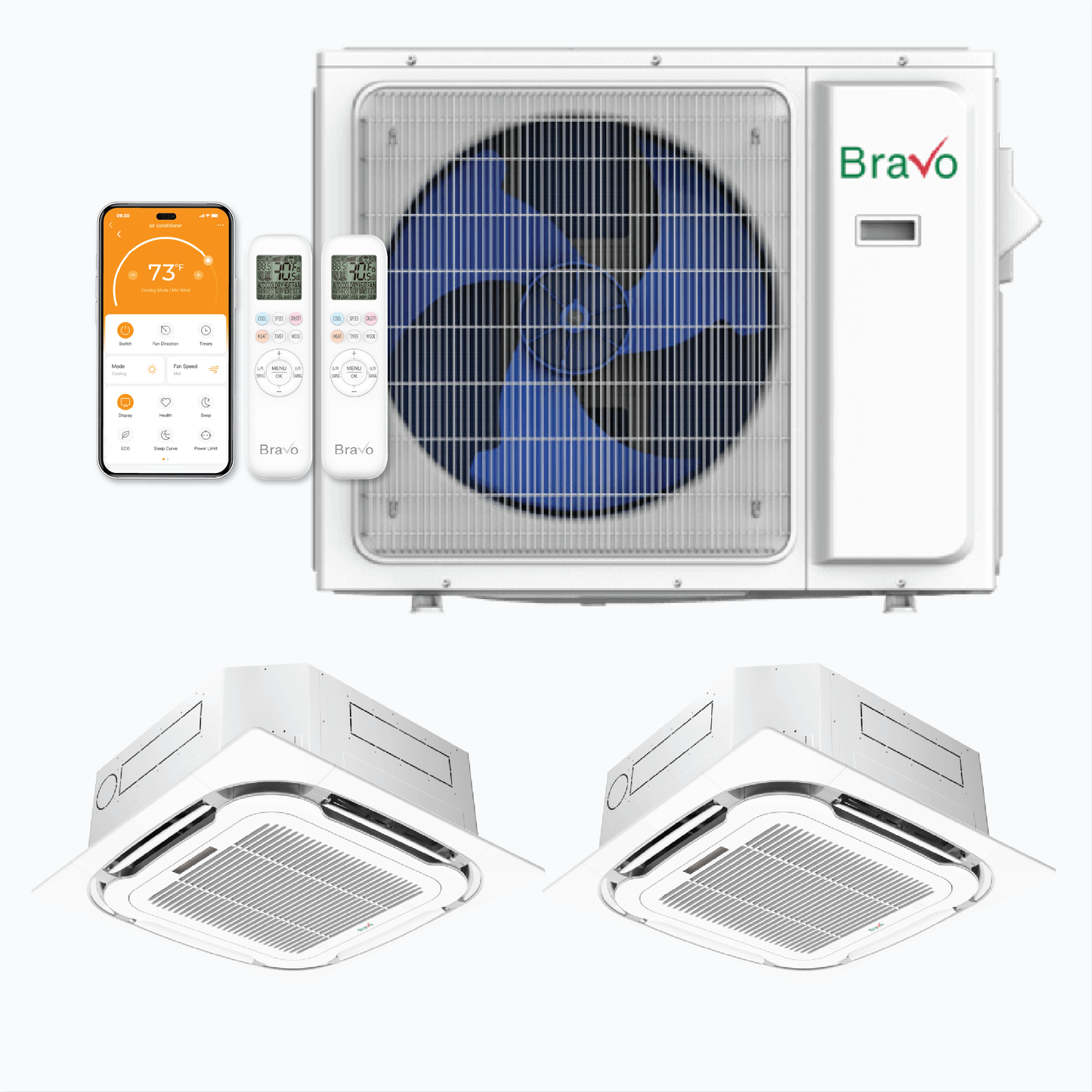 Bravo Milano Series 2-Zone Ductless Mini Split AC & Heat Pump -- 30000 BTU (2.5 Ton), Ceiling Cassette Units (18K+18K) BTU, Inverter Technology, 230V, Heating & Cooling