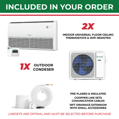 Bravo Milano Series 2-Zone Ductless Mini Split AC & Heat Pump -- 18000 BTU (1.5 Ton), Universal Floor Ceiling Units (12K+12K) BTU, Inverter Technology, 230V, Heating & Cooling