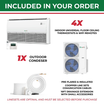 Bravo Milano Series 4-Zone Ductless Mini Split AC & Heat Pump -- 42000 BTU (3.5 Ton), Universal Floor Ceiling Units (9K+12K+18K+24K) BTU, Inverter Technology, 230V, Heating & Cooling