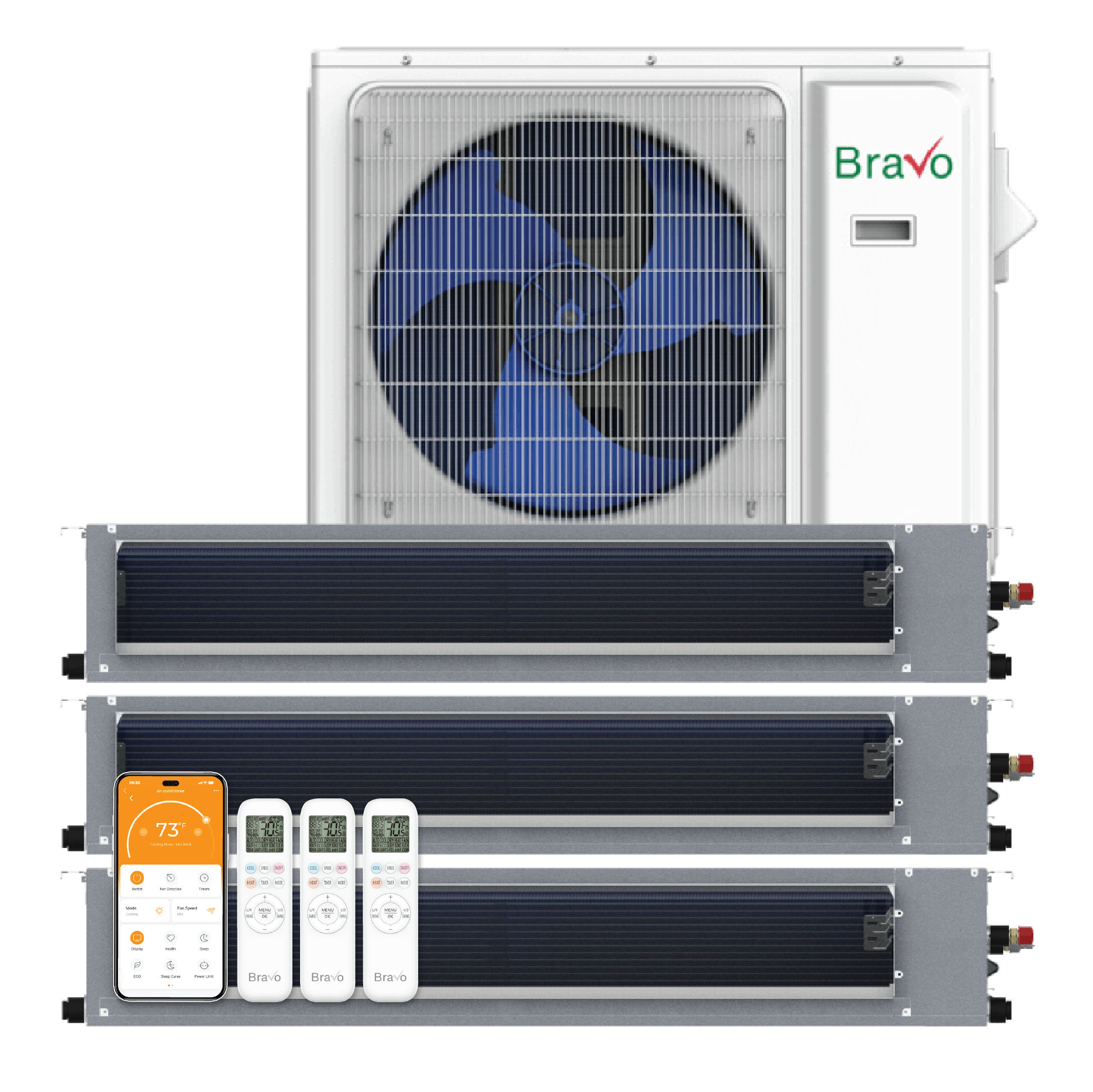 Bravo Milano Series 3-Zone Ducted Mini Split AC & Heat Pump -- 36000 BTU (3.0 Ton), Slim Duct Units (12K+18K+18K) BTU, Inverter Technology, 230V, Heating & Cooling