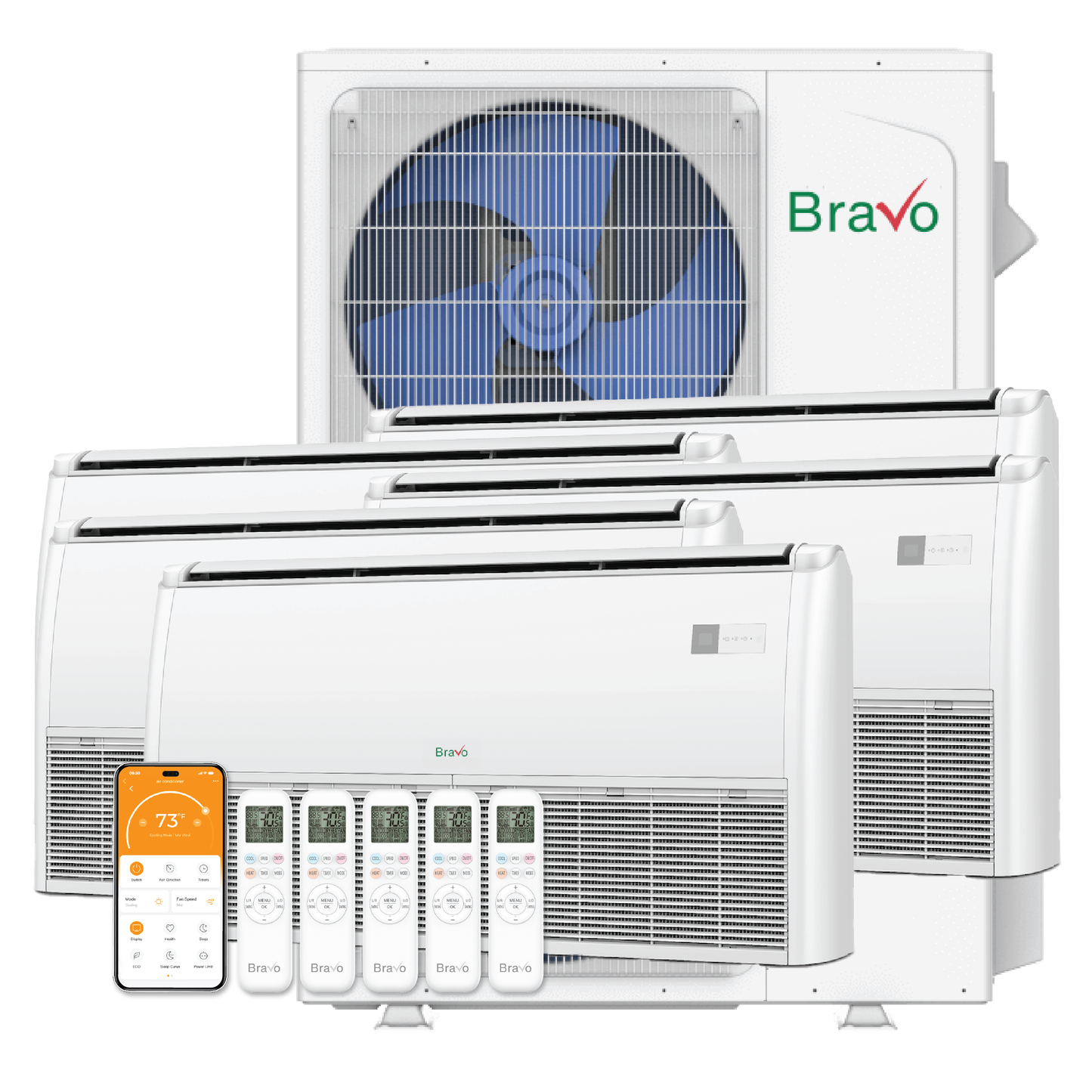 Bravo Milano Series 5-Zone Ductless Mini Split AC & Heat Pump -- 42000 BTU (3.5 Ton), Universal Floor Ceiling Units (9K+12K+12K+12K+12K) BTU, Inverter Technology, 230V, Heating & Cooling
