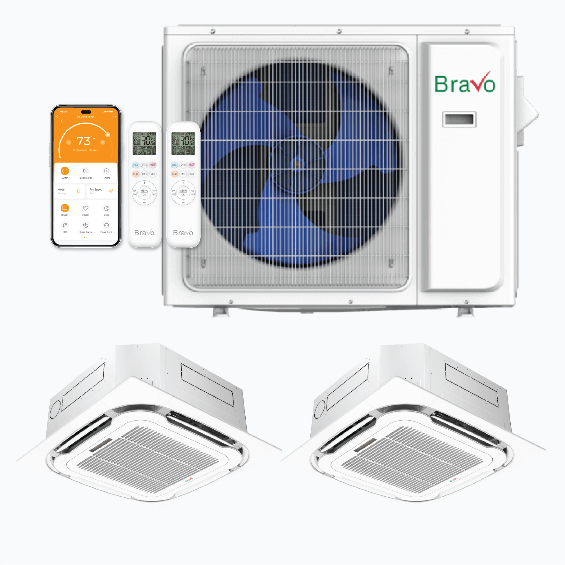 Bravo Milano Series 2-Zone Ductless Mini Split AC & Heat Pump -- 18000 BTU (1.5 Ton), Ceiling Cassette Units (9K+9K) BTU, Inverter Technology, 230V, Heating & Cooling