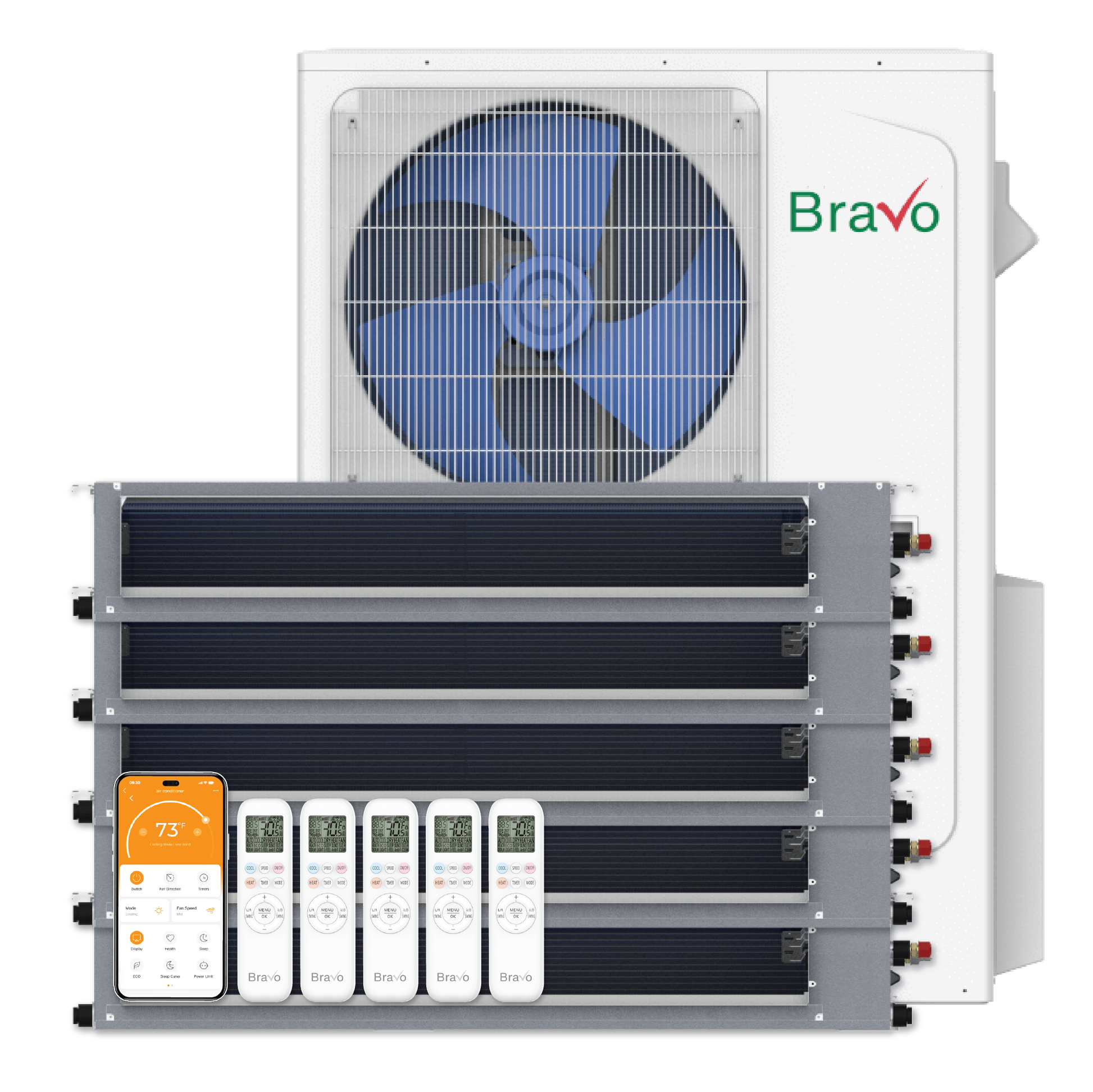 Bravo Milano Series 5-Zone Ducted Mini Split AC & Heat Pump -- 42000 BTU (3.5 Ton), Slim Duct Units (9K+12K+12K+12K+18K) BTU, Inverter Technology, 230V, Heating & Cooling