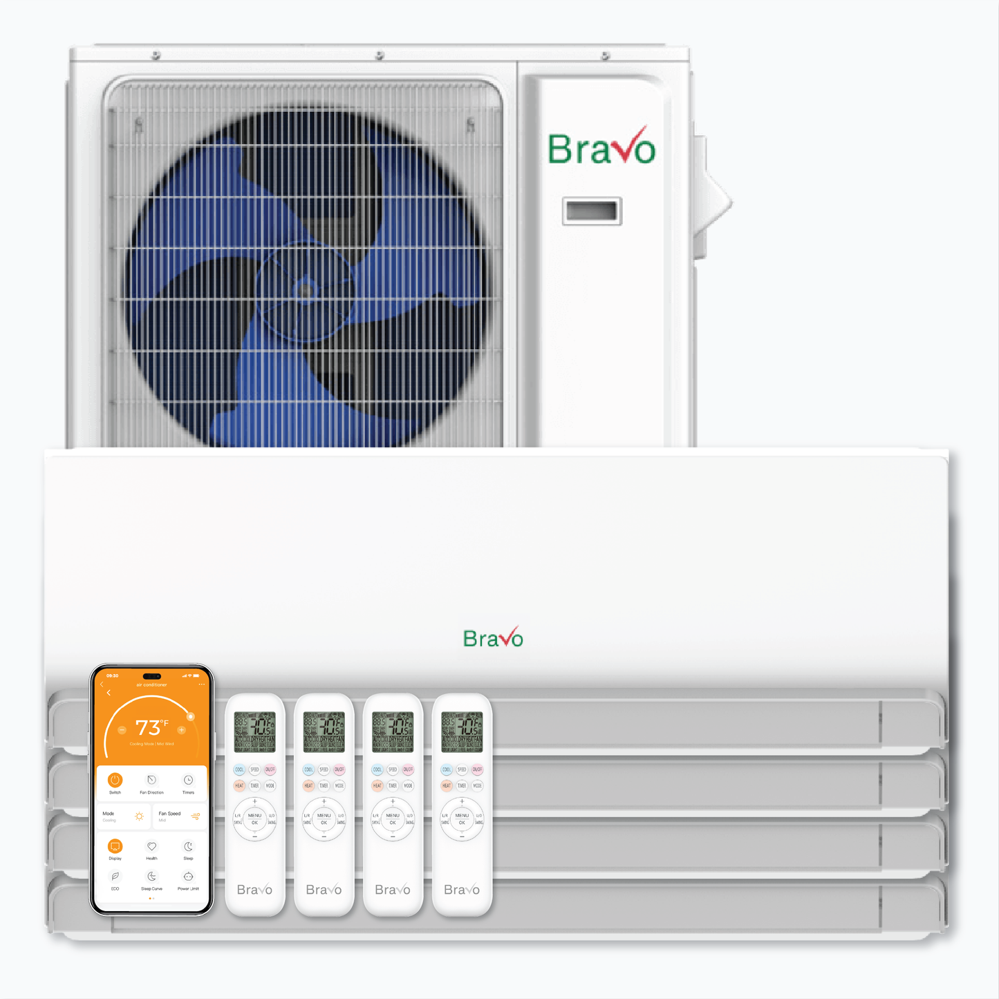 Bravo Milano Series 4-Zone Ductless Mini Split AC & Heat Pump -- 42000 BTU (3.5 Ton), Wall Mount Units (9K+9K+9K+24K) BTU, Inverter Technology, 230V, Heating & Cooling