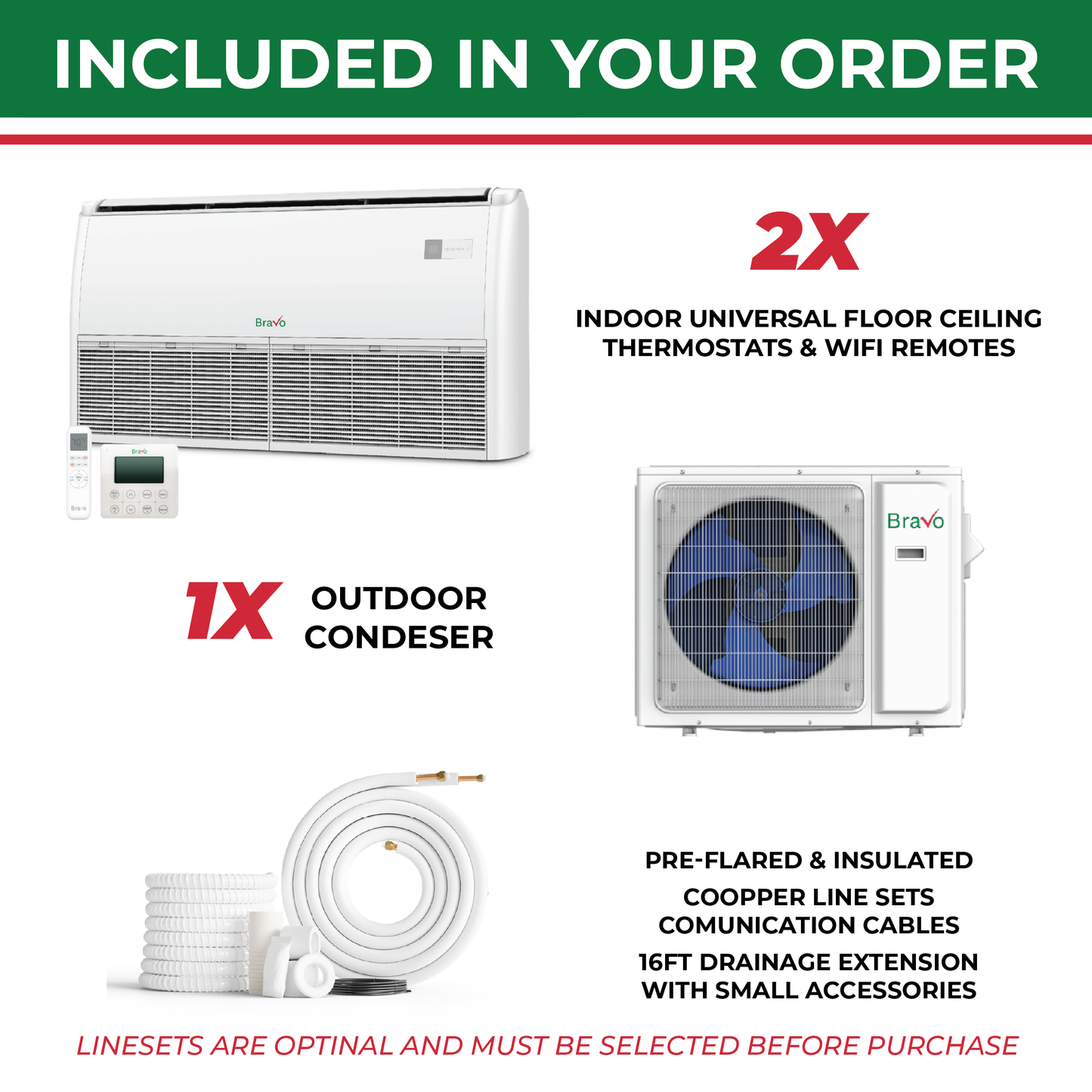 Bravo Milano Series 2-Zone Ductless Mini Split AC & Heat Pump -- 30000 BTU (2.5 Ton), Universal Floor Ceiling Units (12K+12K) BTU, Inverter Technology, 230V, Heating & Cooling
