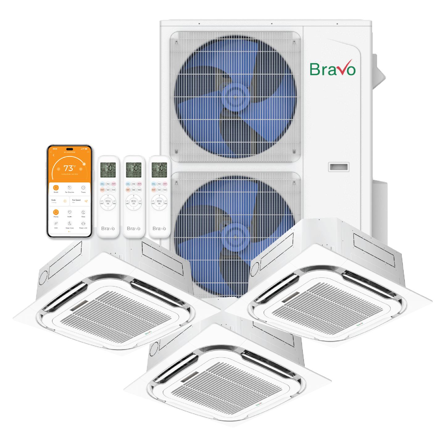 Bravo Milano Series 3-Zone Ductless Mini Split AC & Heat Pump -- 42000 BTU (3.5 Ton), Ceiling Cassette Units (9K+9K+24K) BTU, Inverter Technology, 230V, Heating & Cooling