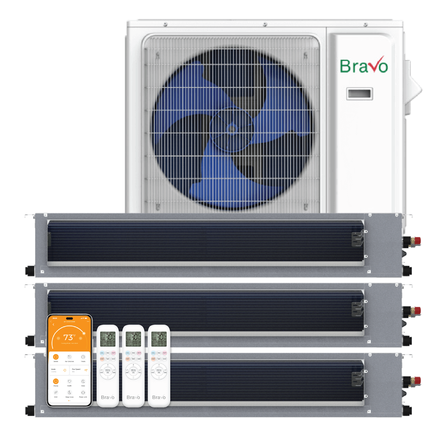 Bravo Milano Series 3-Zone Ducted Mini Split AC & Heat Pump -- 30000 BTU (2.5 Ton), Slim Duct Units (12K+12K+18K) BTU, Inverter Technology, 230V, Heating & Cooling