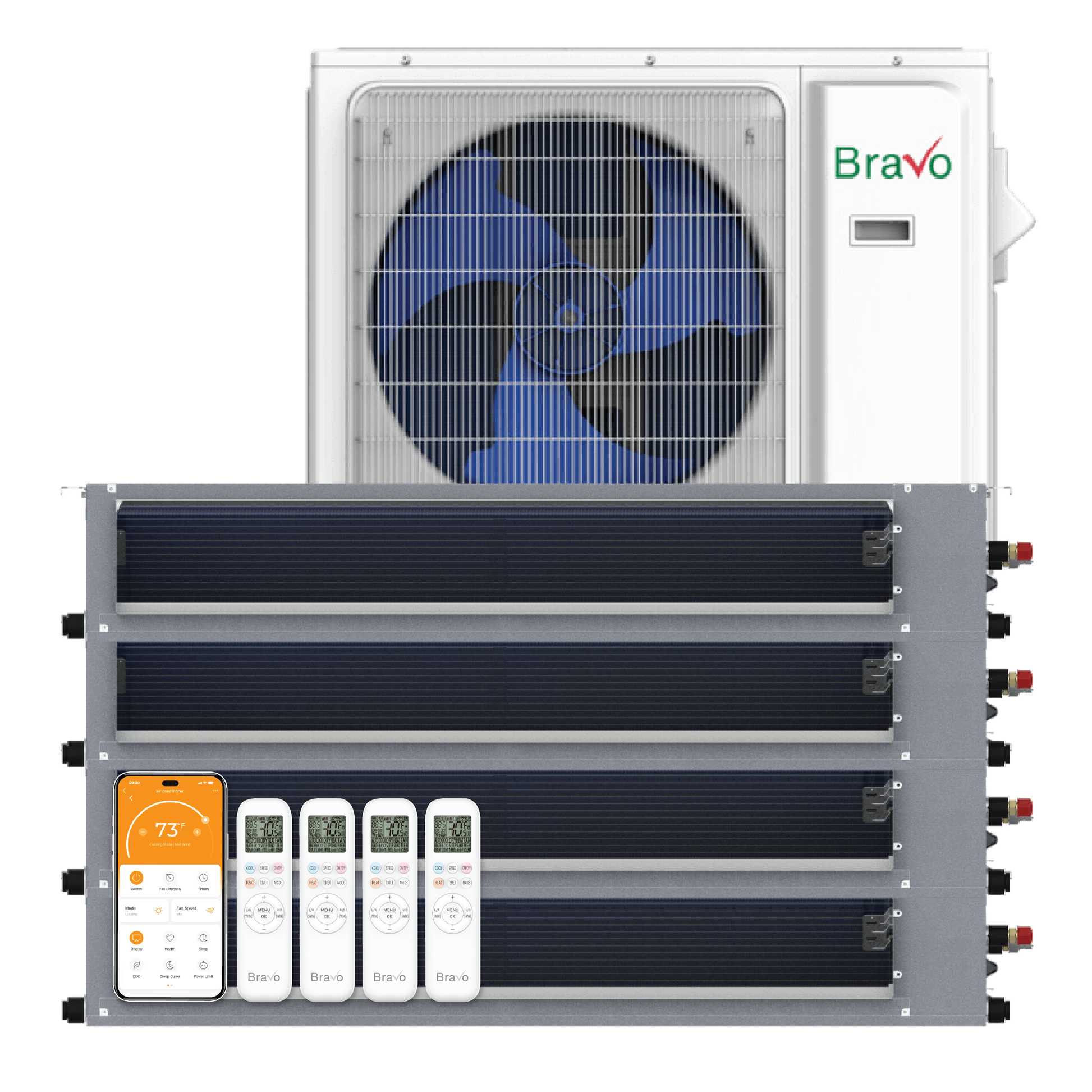 Bravo Milano Series 4-Zone Ducted Mini Split AC & Heat Pump -- 42000 BTU (3.5 Ton), Slim Duct Units (9K+9K+9K+9K) BTU, Inverter Technology, 230V, Heating & Cooling