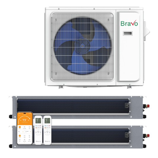 Bravo Milano Series 2-Zone Ducted Mini Split AC & Heat Pump -- 24000 BTU (2.0 Ton), Slim Duct Units (12K+12K) BTU, Inverter Technology, 230V, Heating & Cooling