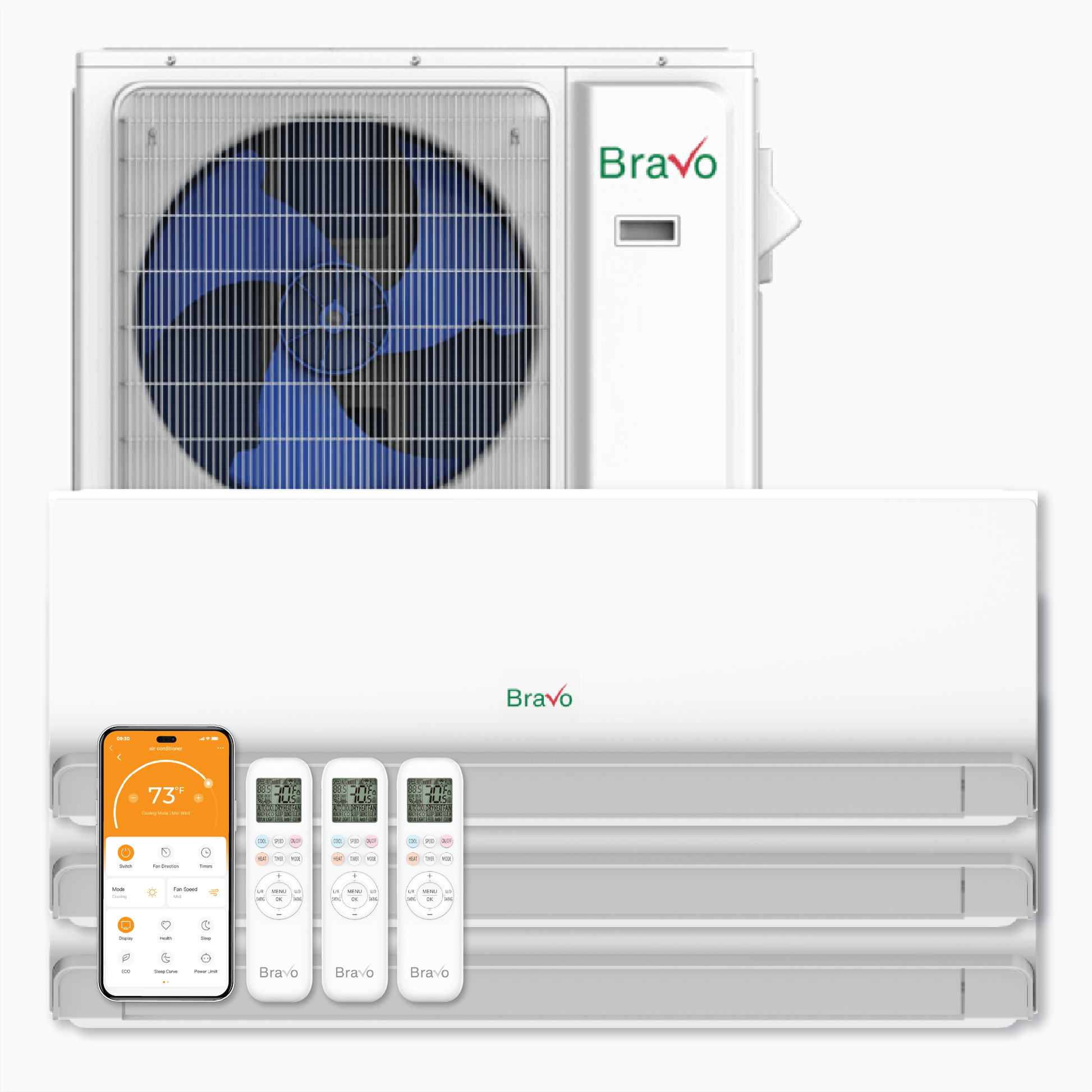 Bravo Milano Series 3-Zone Ductless Mini Split AC & Heat Pump -- 42000 BTU (3.5 Ton), Wall Mount Units (9K+12K+12K) BTU, Inverter Technology, 230V, Heating & Cooling
