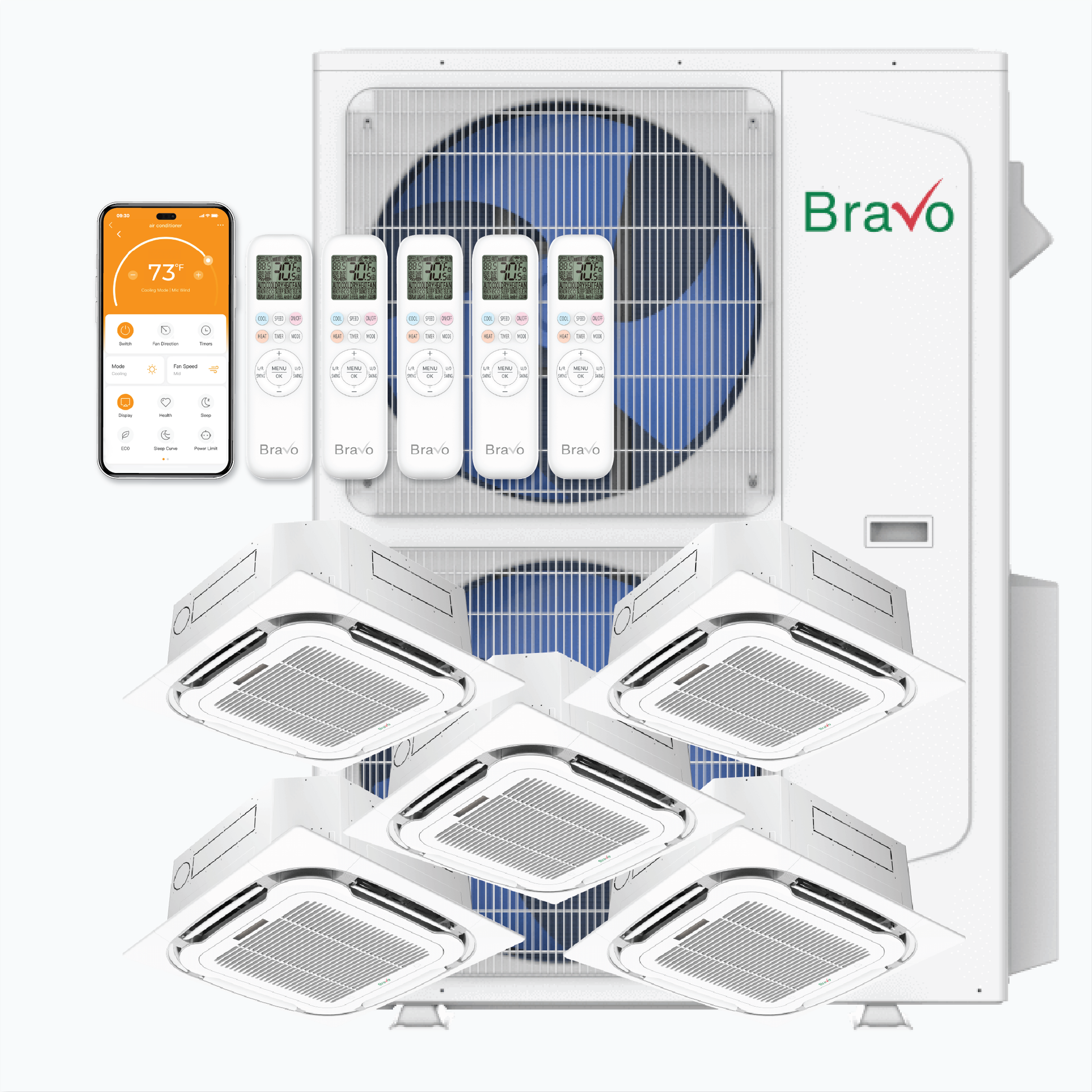 Bravo Milano Series 5-Zone Ductless Mini Split AC & Heat Pump -- 42000 BTU (3.5 Ton), Ceiling Cassette Units (9K+12K+12K+12K+18K) BTU, Inverter Technology, 230V, Heating & Cooling