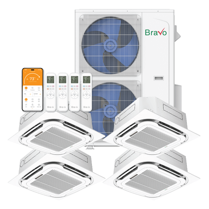 Bravo Milano Series 4-Zone Ductless Mini Split AC & Heat Pump -- 42000 BTU (3.5 Ton), Ceiling Cassette Units (9K+12K+12K+12K) BTU, Inverter Technology, 230V, Heating & Cooling