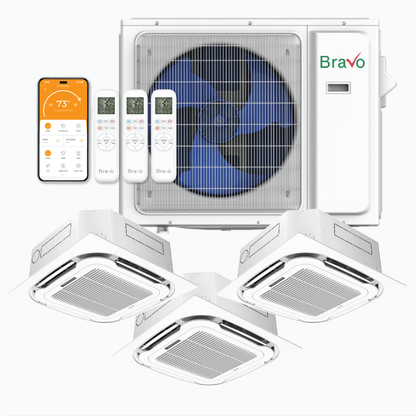Bravo Milano Series 3-Zone Ductless Mini Split AC & Heat Pump -- 30000 BTU (2.5 Ton), Ceiling Cassette Units (9K+9K+9K) BTU, Inverter Technology, 230V, Heating & Cooling