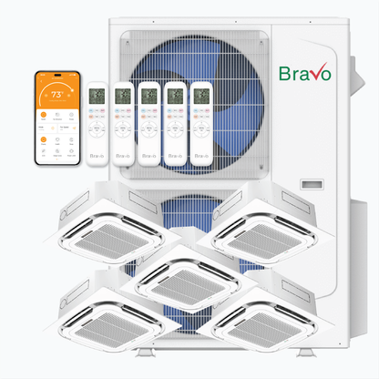 Bravo Milano Series 5-Zone Ductless Mini Split AC & Heat Pump -- 42000 BTU (3.5 Ton), Ceiling Cassette Units (9K+9K+9K+18K+18K) BTU, Inverter Technology, 230V, Heating & Cooling