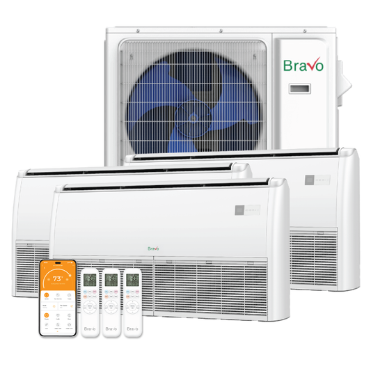 Bravo Milano Series 3-Zone Ductless Mini Split AC & Heat Pump -- 36000 BTU (3.0 Ton), Universal Floor Ceiling Units (9K+18K+24K) BTU, Inverter Technology, 230V, Heating & Cooling