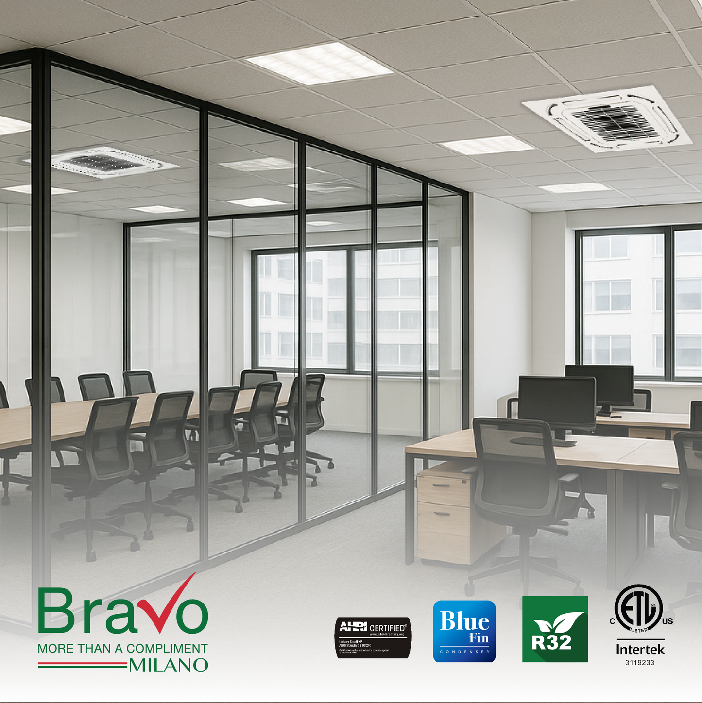 Bravo Milano Series 2-Zone Ductless Mini Split AC & Heat Pump -- 18000 BTU (1.5 Ton), Ceiling Cassette Units (12K+12K) BTU, Inverter Technology, 230V, Heating & Cooling