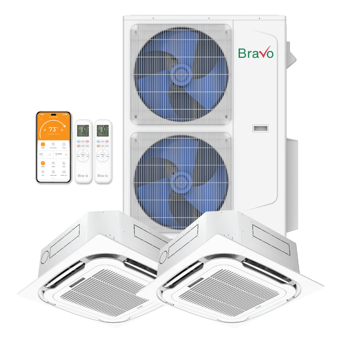 Bravo Milano Series 2-Zone Ductless Mini Split AC & Heat Pump -- 42000 BTU (3.5 Ton), Ceiling Cassette Units (9K+12K) BTU, Inverter Technology, 230V, Heating & Cooling