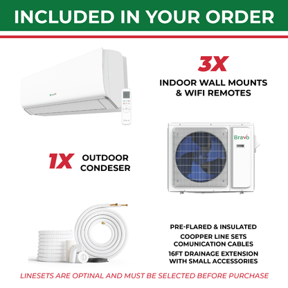 Bravo Milano Series 3-Zone Ductless Mini Split AC & Heat Pump -- 30000 BTU (2.5 Ton), Wall Mount Units (9K+9K+12K) BTU, Inverter Technology, 230V, Heating & Cooling