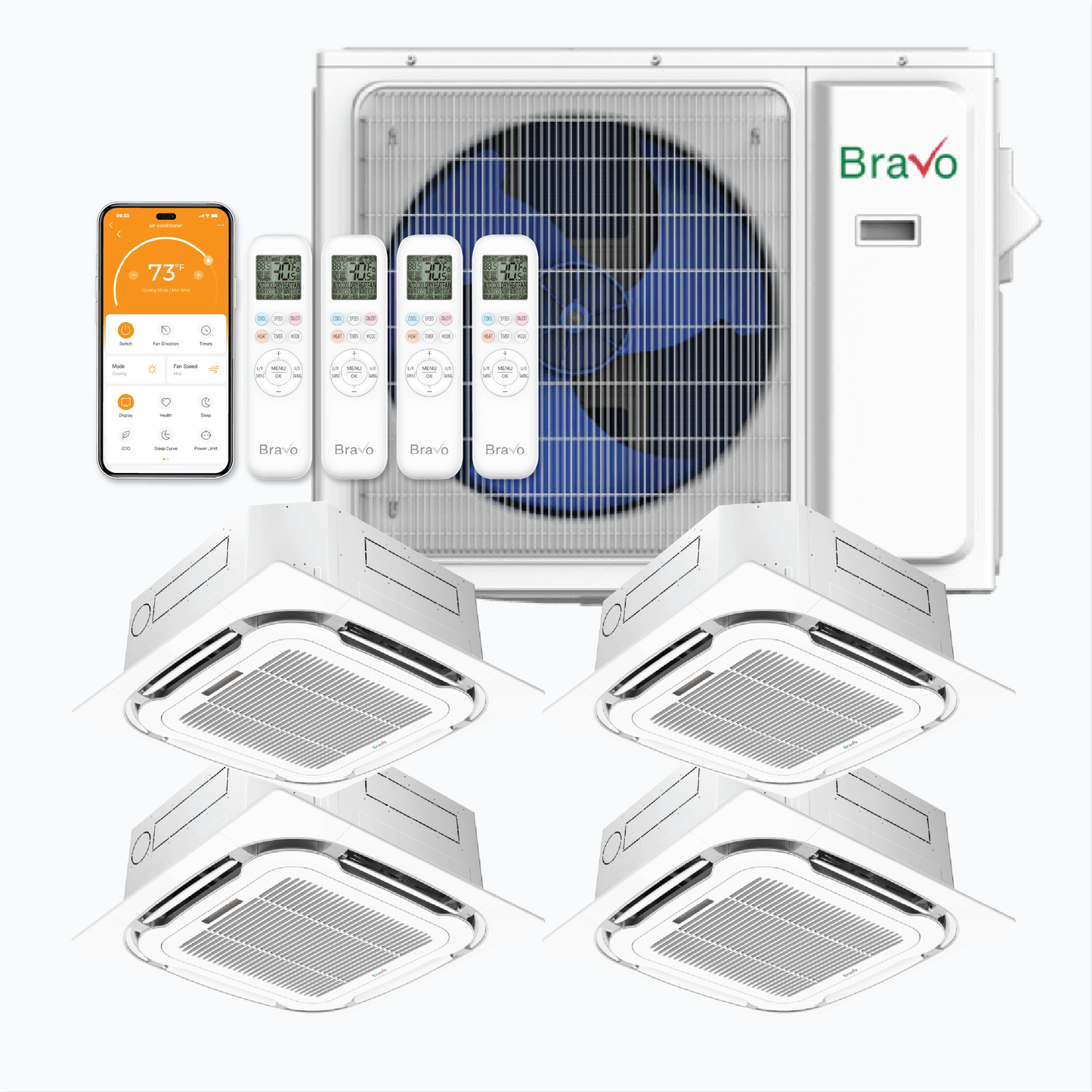 Bravo Milano Series 4-Zone Ductless Mini Split AC & Heat Pump -- 36000 BTU (3.0 Ton), Ceiling Cassette Units (12K+12K+12K+18K) BTU, Inverter Technology, 230V, Heating & Cooling